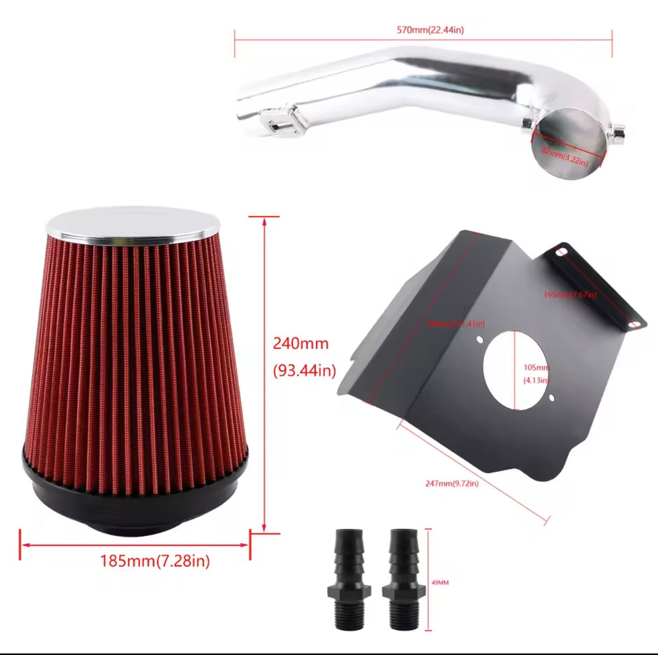 Cold air intake kit with red cone air filter, metal intake pipe, heat shield, and fittings, with measurements.