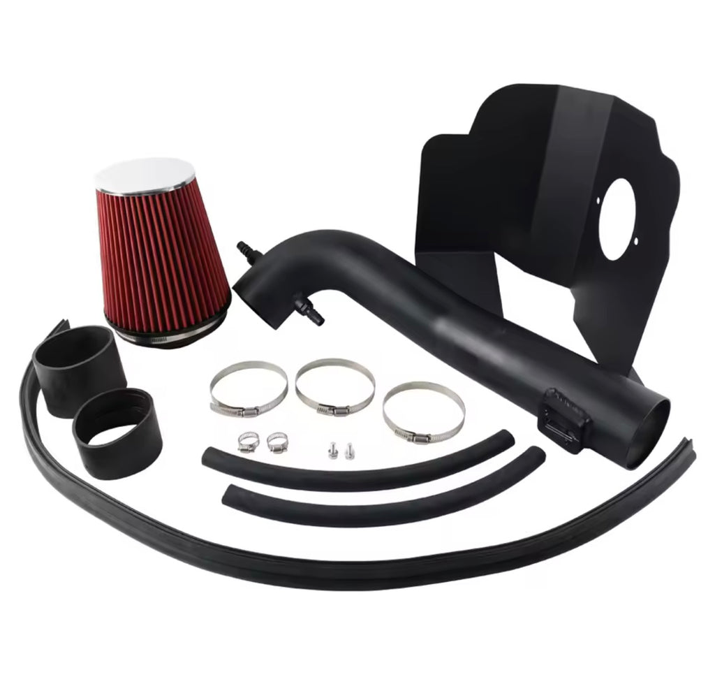 Cold air intake kit with red filter, black intake pipe, hose, clamps, and shield on white background