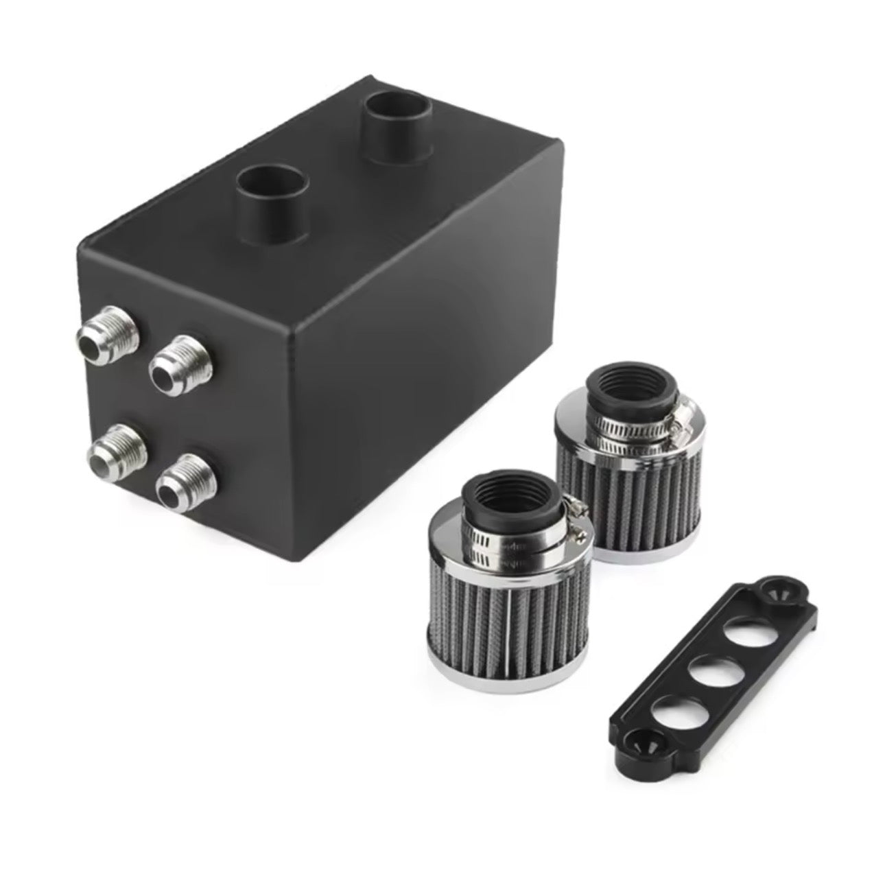 Black aluminum oil catch can kit with two chrome air filters and a mounting bracket