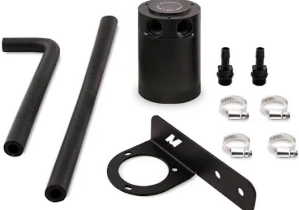 Black automotive oil catch can kit with hoses, clamps, fittings, and mounting bracket