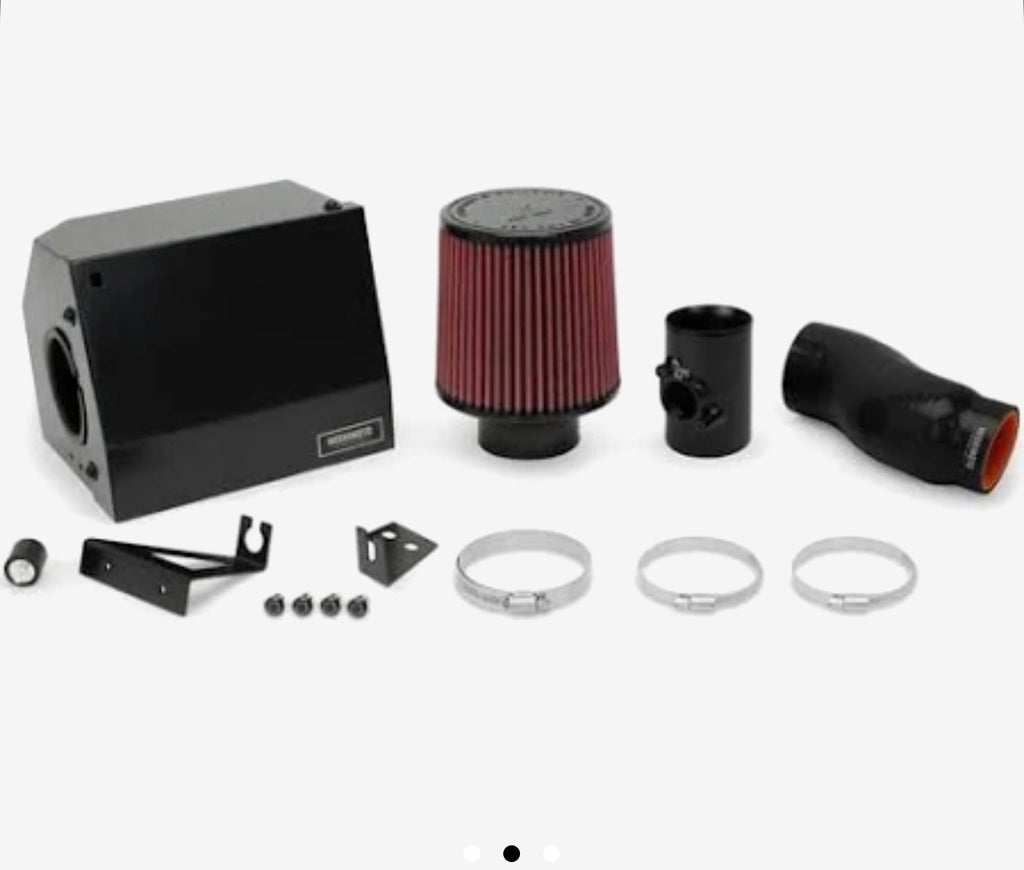 Performance air intake kit with red cone air filter, black intake tube, clamps, and brackets on white background.
