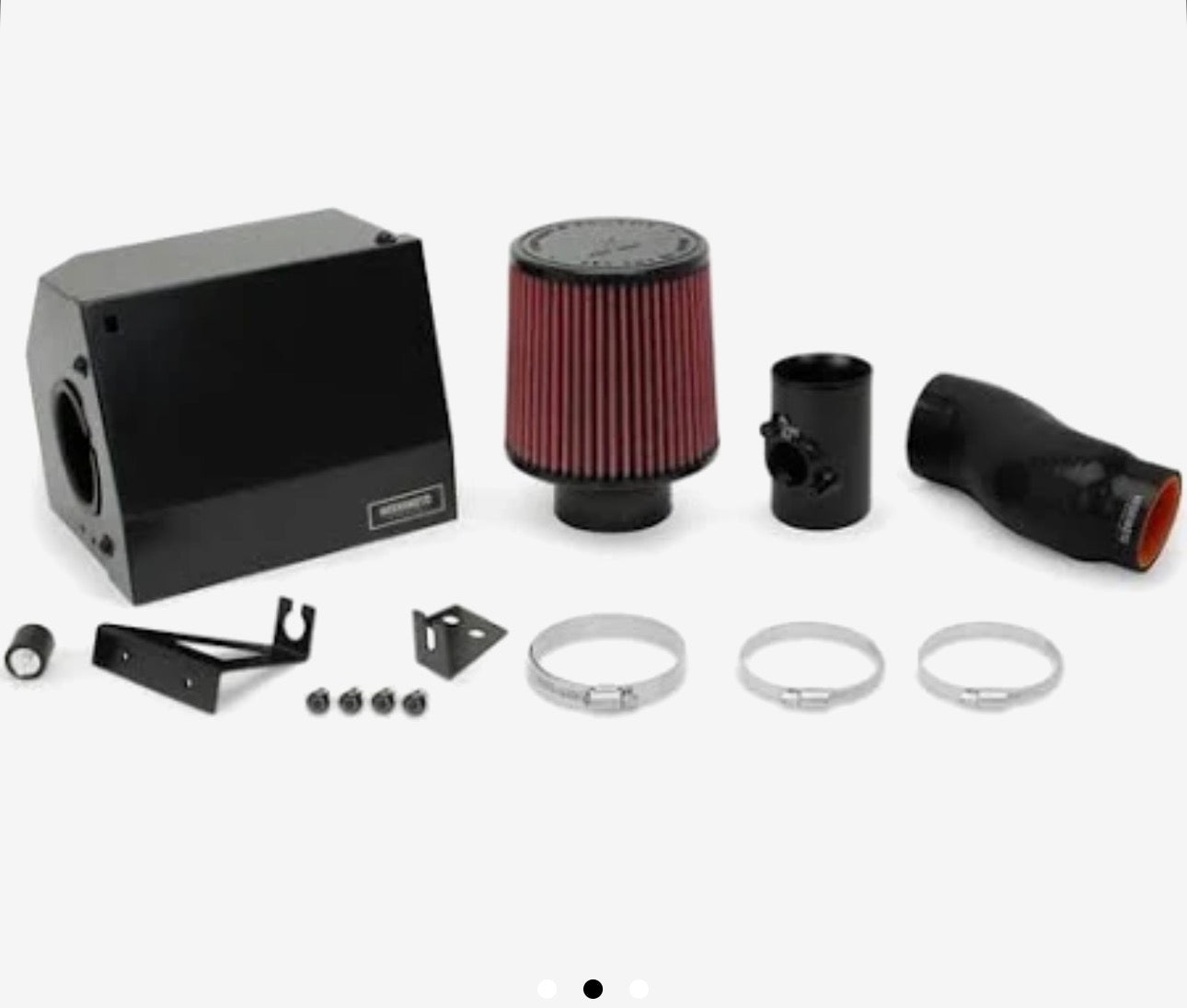 Performance air intake kit with red cone air filter, black intake tube, clamps, and brackets on white background.
