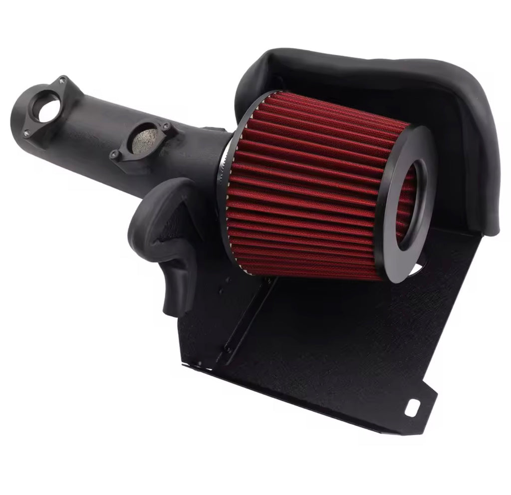 High-performance red cone air intake filter with black heat shield and intake tube