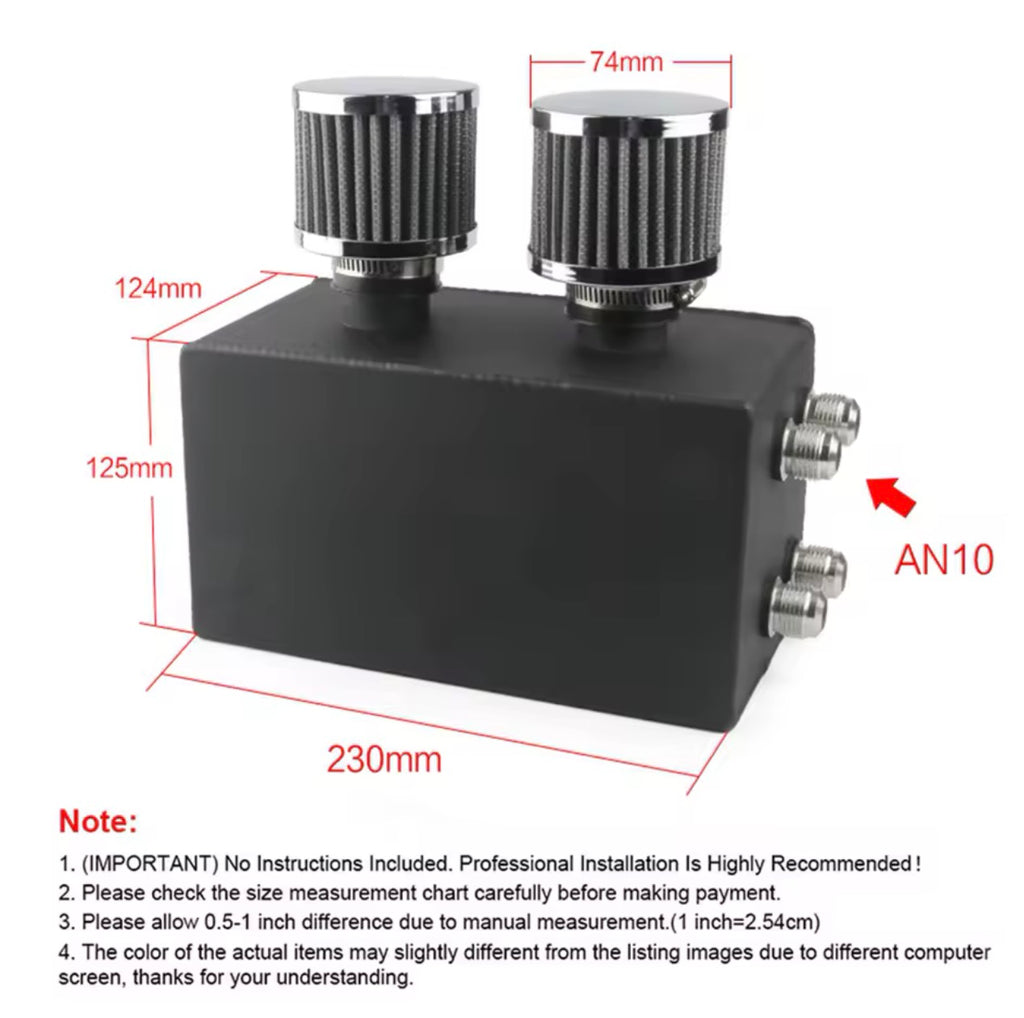 Black aluminum oil catch can tank with dual breather filters, AN10 fittings, dimensions labeled.