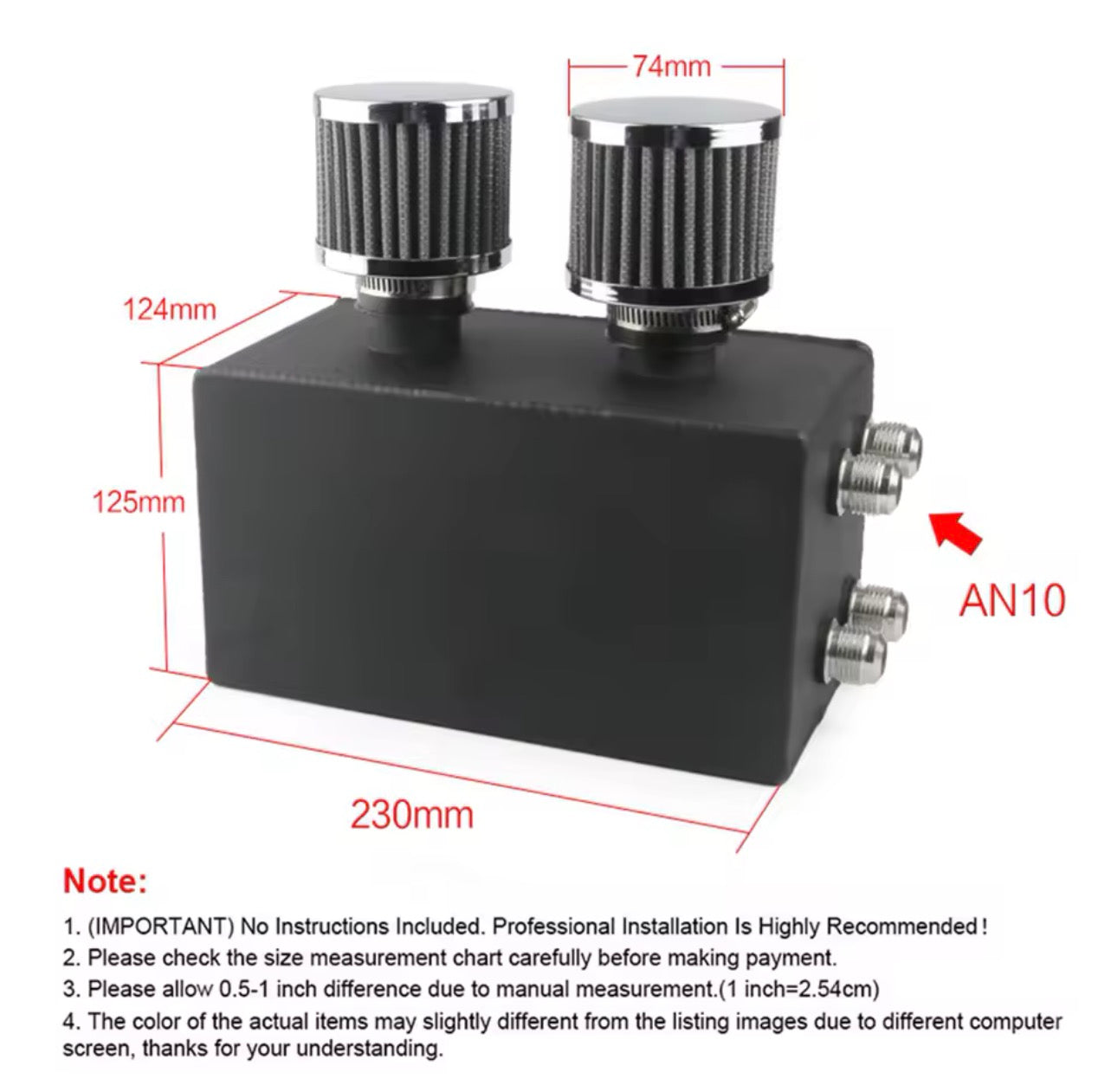Black aluminum oil catch can tank with dual breather filters, AN10 fittings, dimensions labeled.