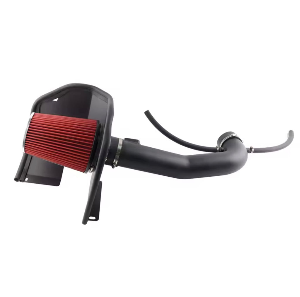 Red cone cold air intake kit with black tubing and heat shield on white background