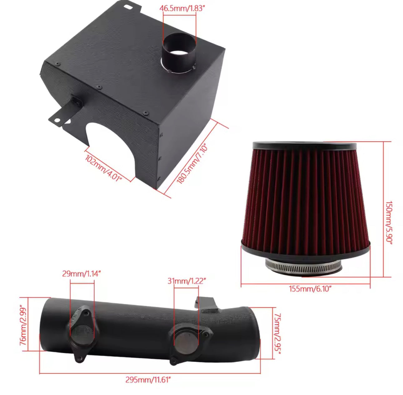 Car air intake system parts with dimensions, including filter, intake tube, and heat shield box