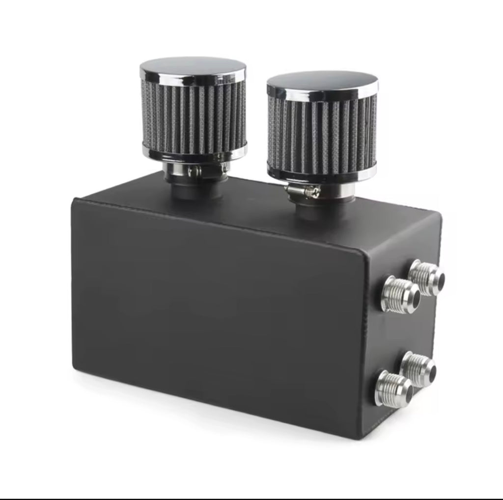 Black aluminum dual breather catch can with two filters and four fittings, automotive engine part