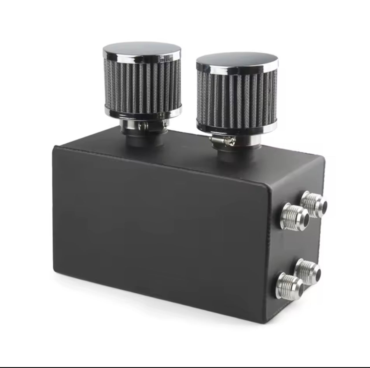 Black aluminum dual breather catch can with two filters and four fittings, automotive engine part