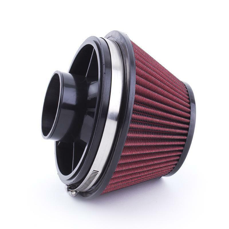 Performance cone air filter with red pleated mesh and black plastic mount on white background