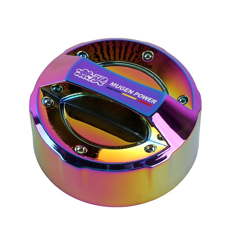 Mugen Power rainbow titanium oil cap with screws on white background