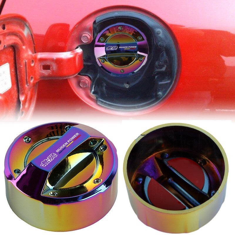 Mugen Power rainbow fuel tank cap cover on red car, close-up view, automotive accessory