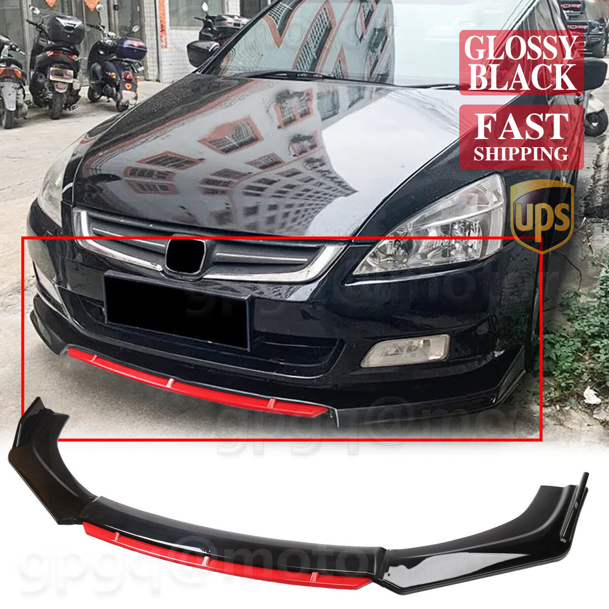 Glossy black front bumper lip splitter installed on black car for Honda Accord, fast shipping