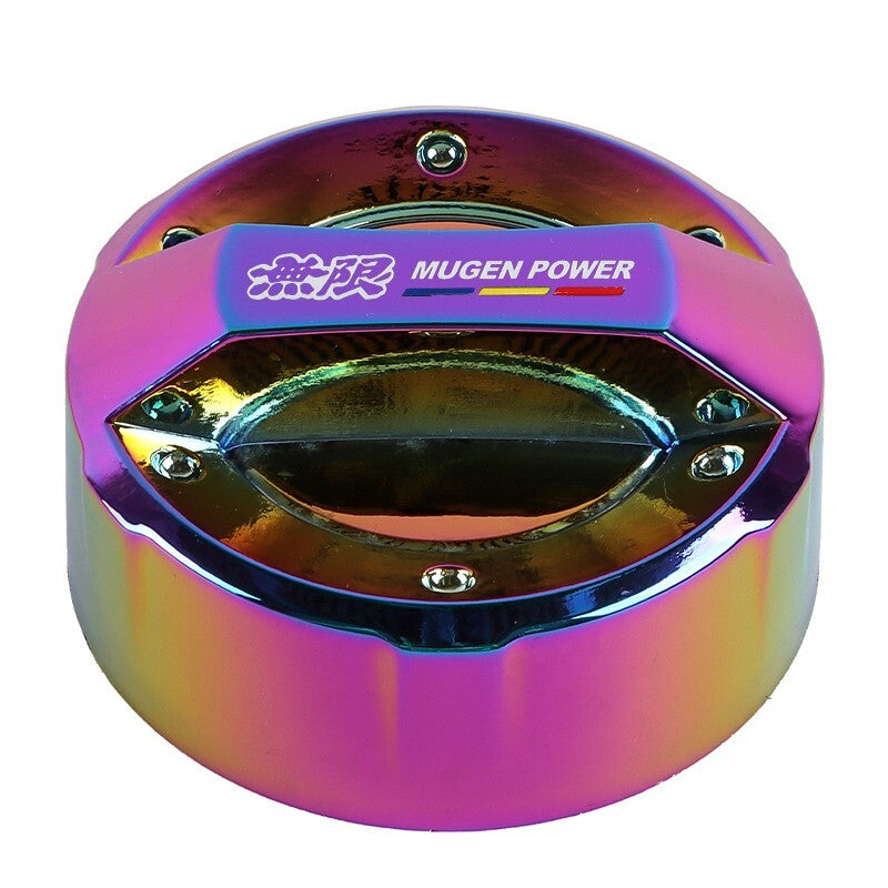 Purple rainbow Mugen Power oil cap with metallic finish and logo text on white background