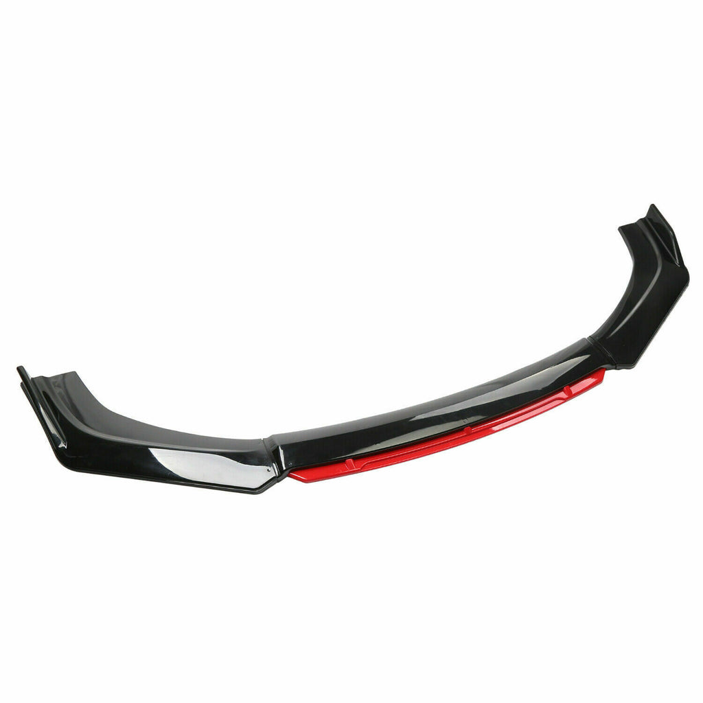 Glossy black and red car front bumper lip splitter, aerodynamic body kit accessory