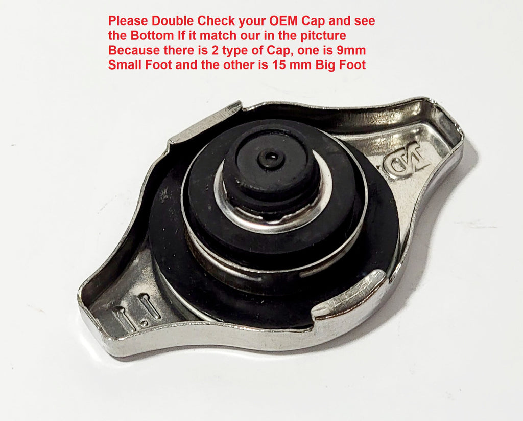 Close-up of metal radiator cap with black rubber seal on white background, OEM fitment reminder text