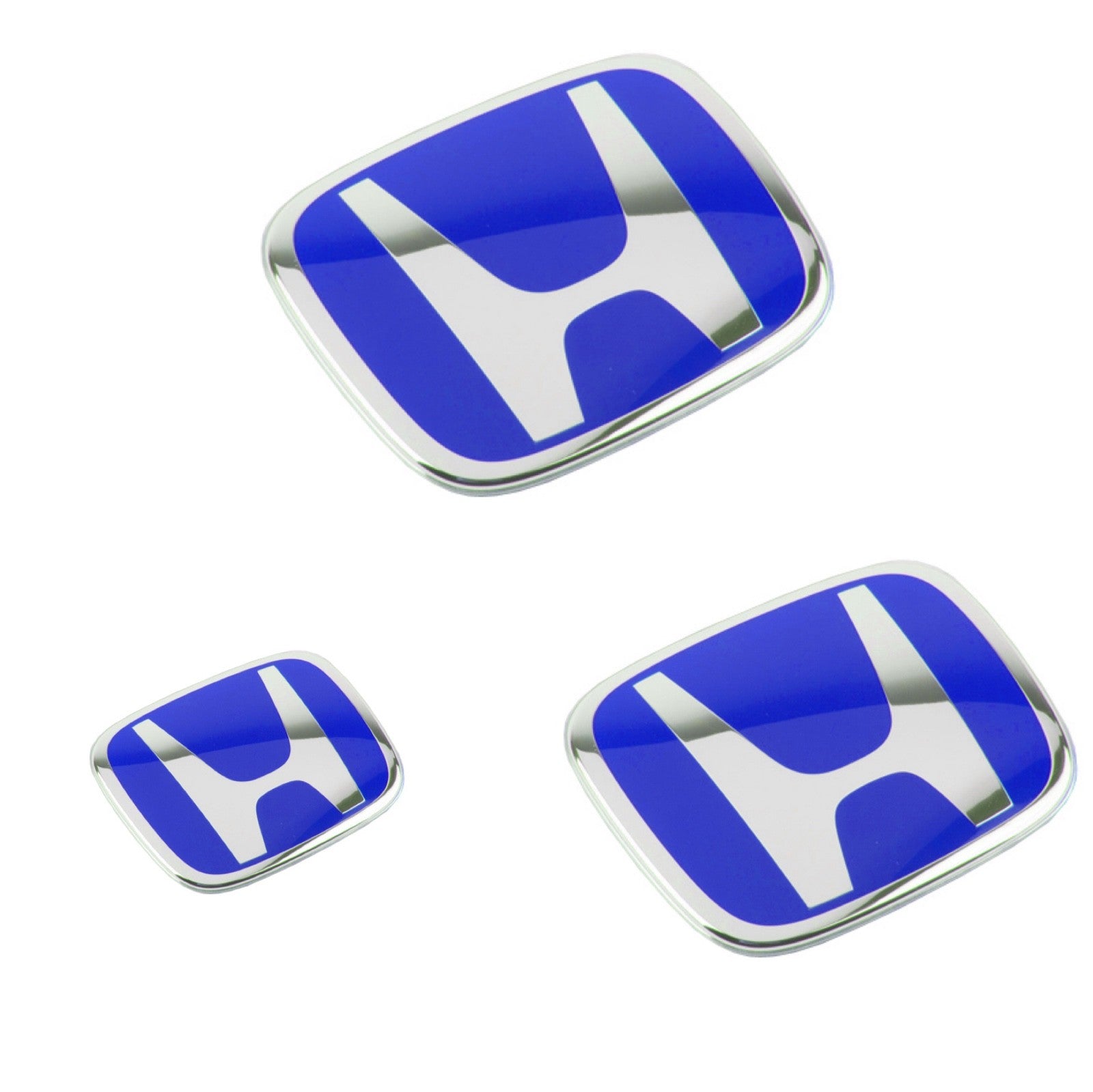Set of three blue Honda car emblems with chrome trim on white background