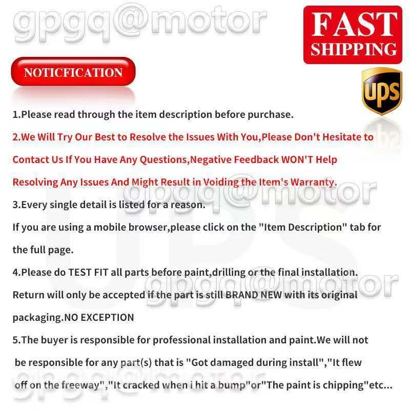 Notification and fast shipping UPS notice with item return and installation instructions in English text.