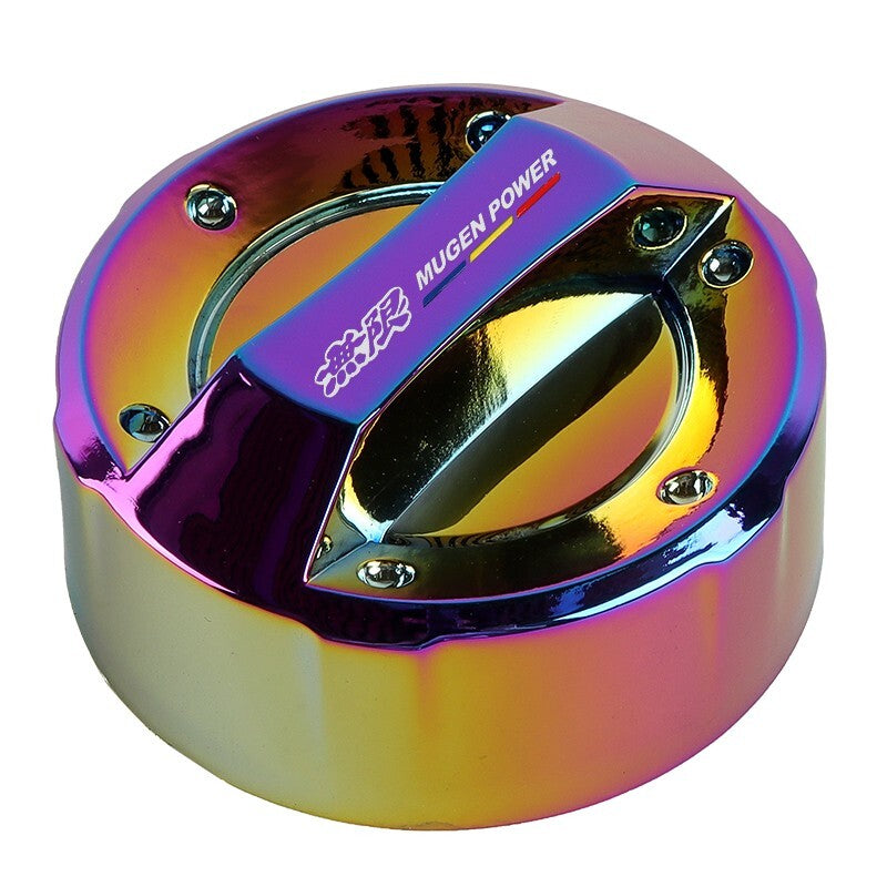 Mugen Power rainbow titanium oil cap for cars with metallic finish and logo