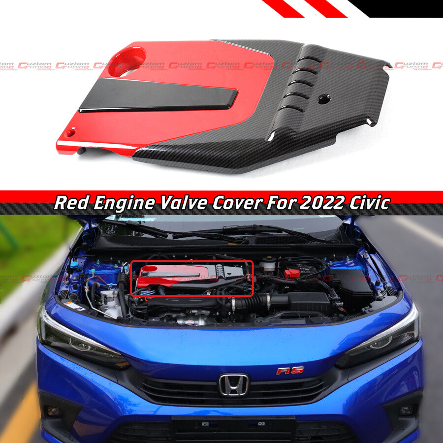 Red carbon fiber engine valve cover for 2022 Honda Civic RS, shown installed on blue car.