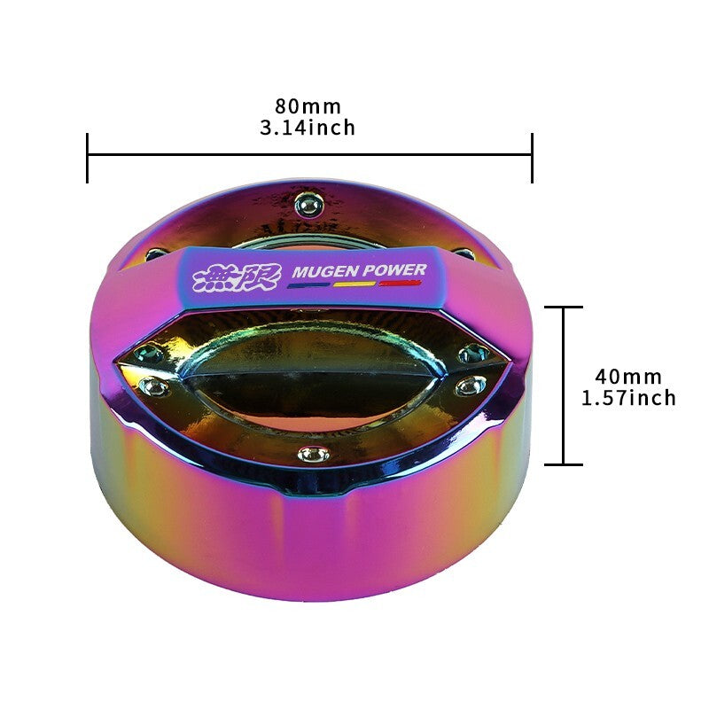 Mugen Power oil cap, rainbow titanium finish, 80mm x 40mm with measurement labels