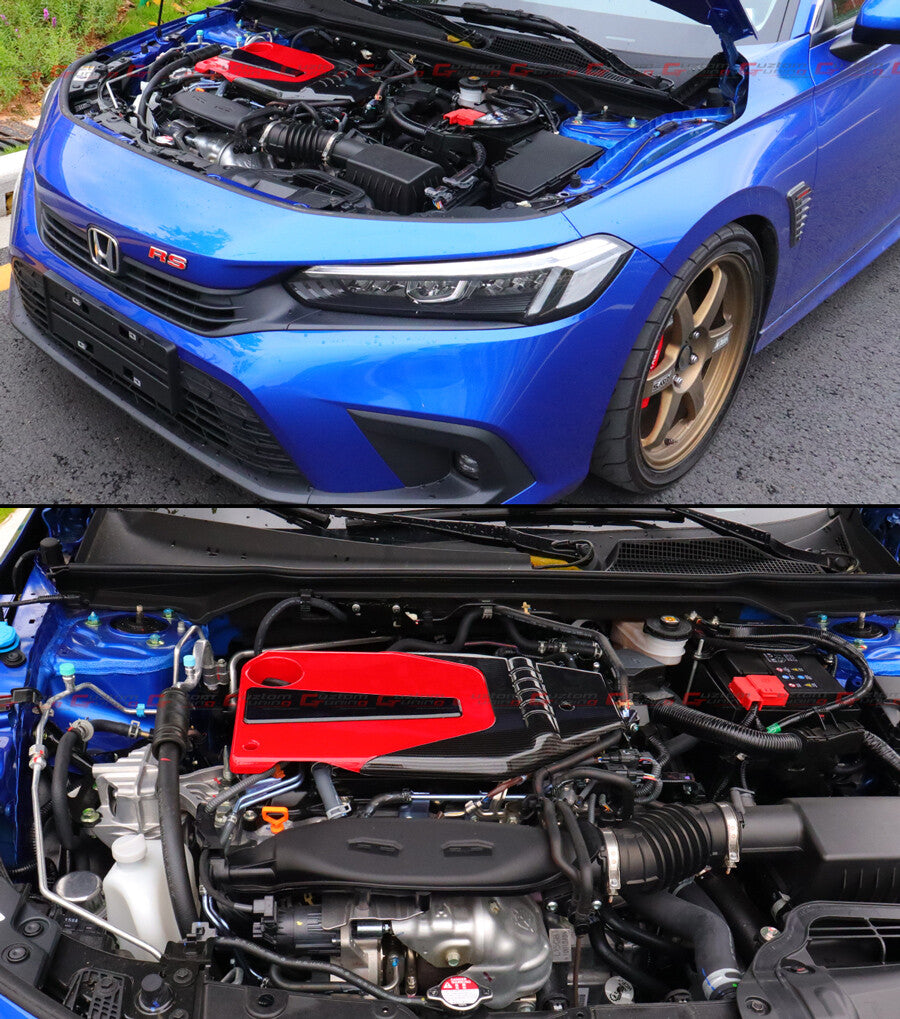 Blue Honda RS car with bronze wheels, open hood showing red carbon fiber engine cover