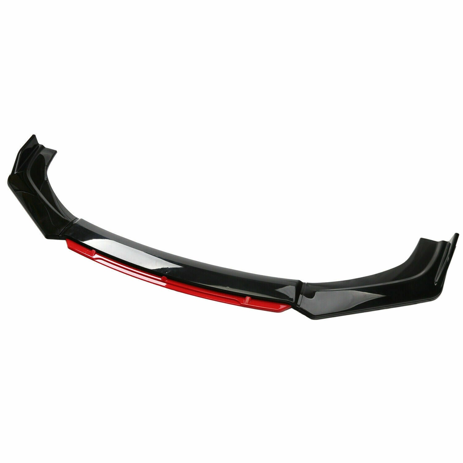 Glossy black and red car front bumper lip spoiler, auto body kit part on white background
