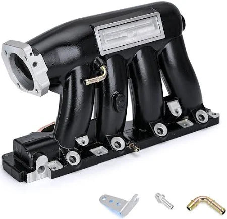 Black aluminum intake manifold for car engine with mounting accessories on white background